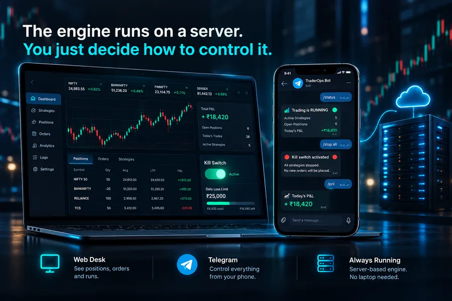 Controlling TraderOps from both a web dashboard and Telegram on a phone.